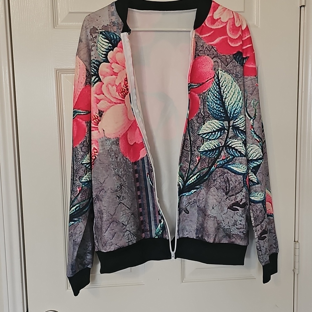 New Retro Y2K Lightweight Bomber Jacket Floral Full Zip Large - Picture 5 of 13